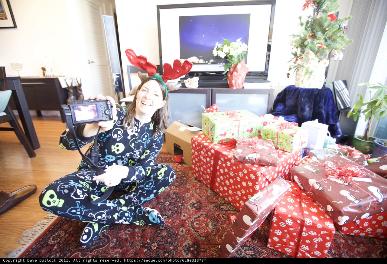 Joyful Christmas Morning in Reindeer Antlers and Skull Pajamas