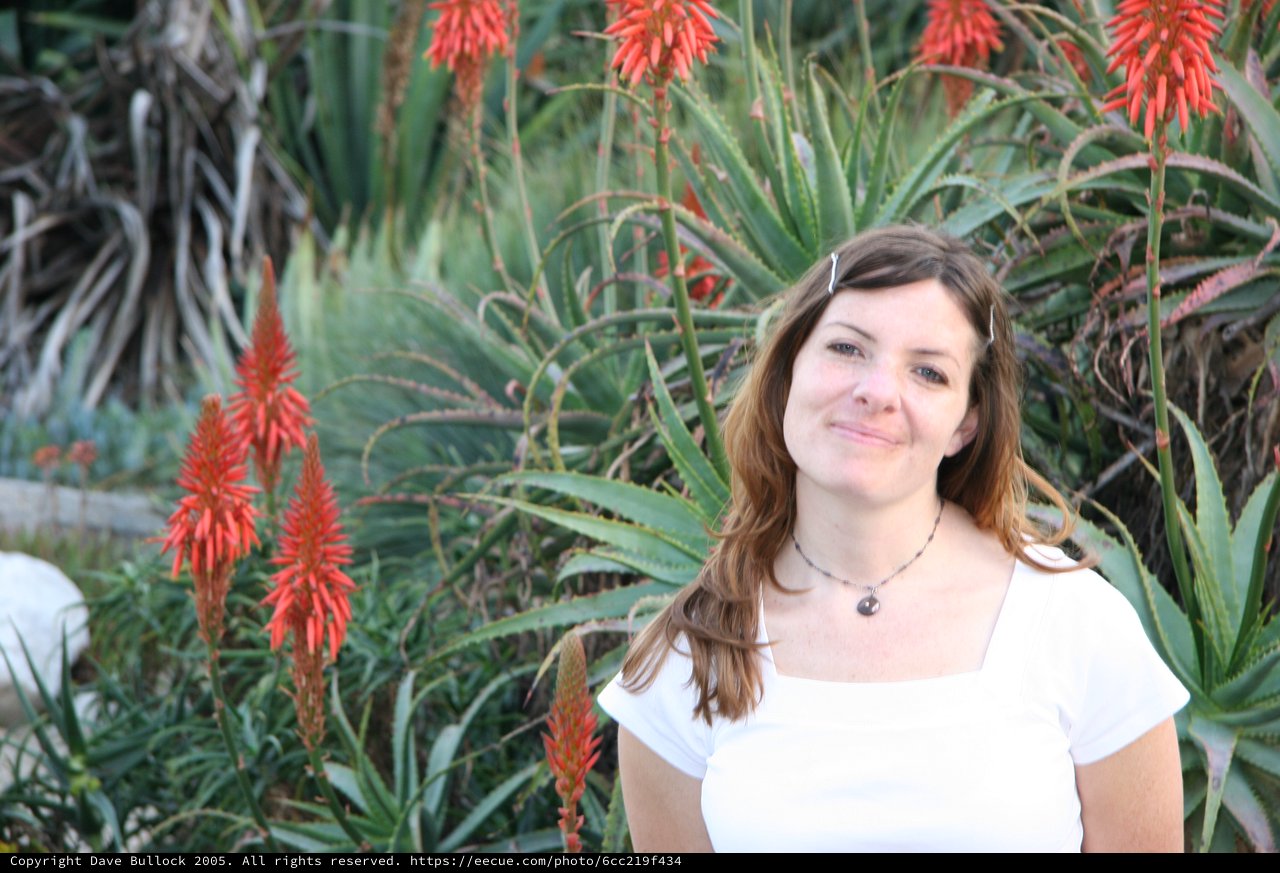 Woman Smiling Among Vibrant Red Aloe Blooms