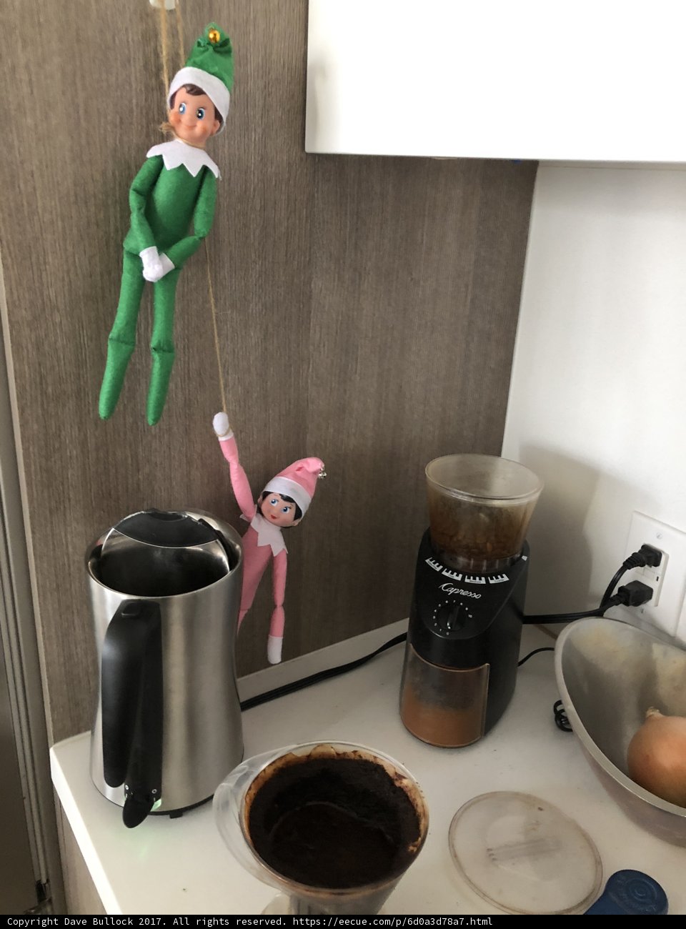 Elf on the Shelf Brewing Up Some Magic on the Coffee Maker