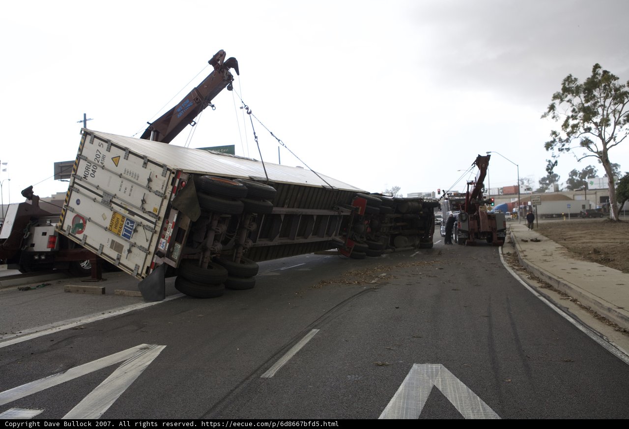 The aftermath of an overturned truck