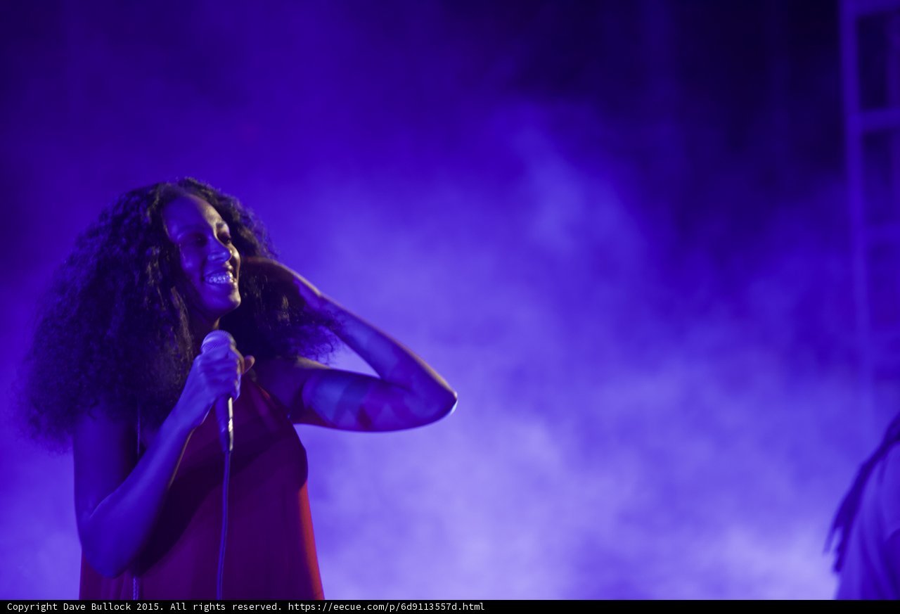 Solange Portrait Smiling Hand Behind Head Joyful Purple
