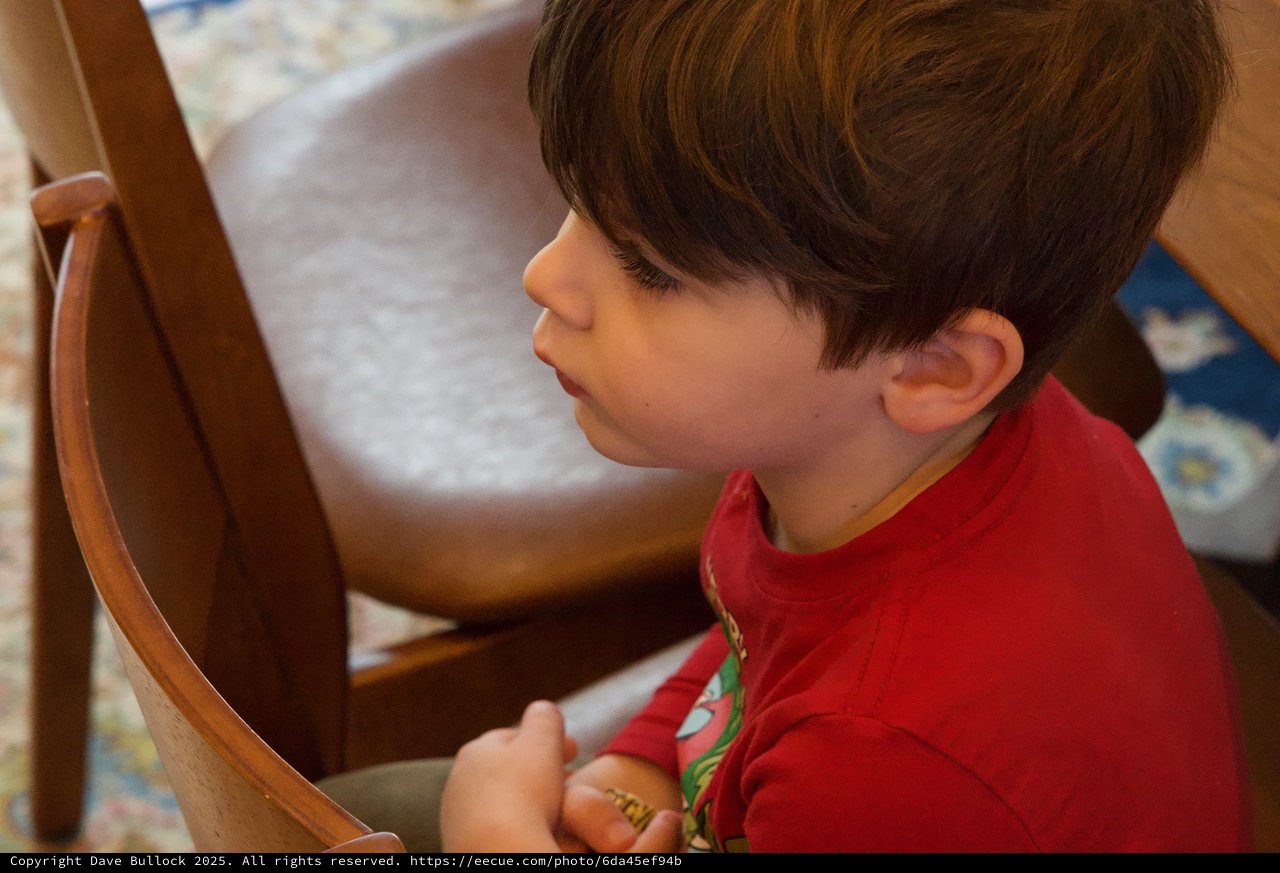 Young Boy in Red Shirt Sitting on Wooden Chair