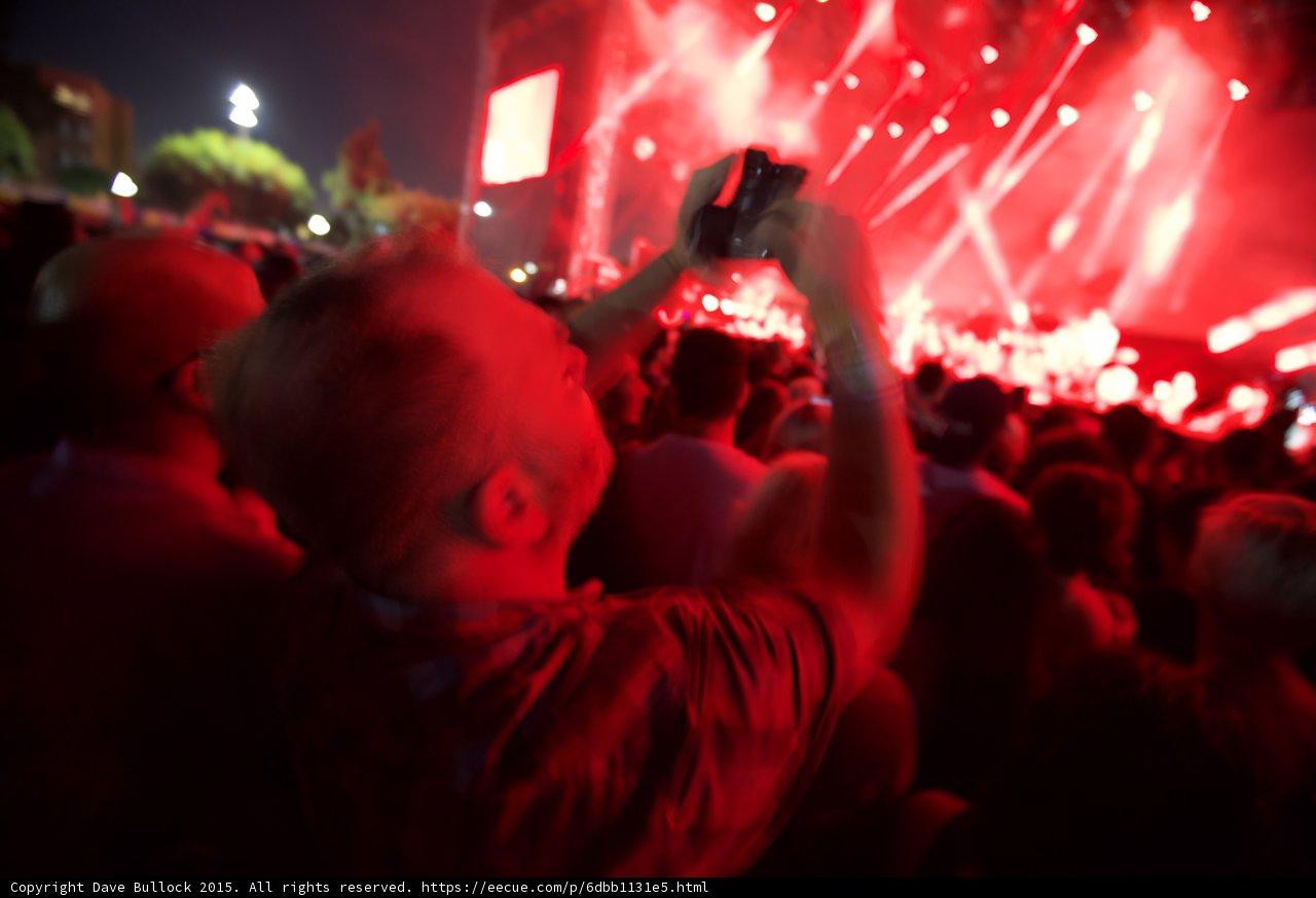 FYF Fest Crowd Man Phone Recording Red Light Video Screen Spotlight Beams Night