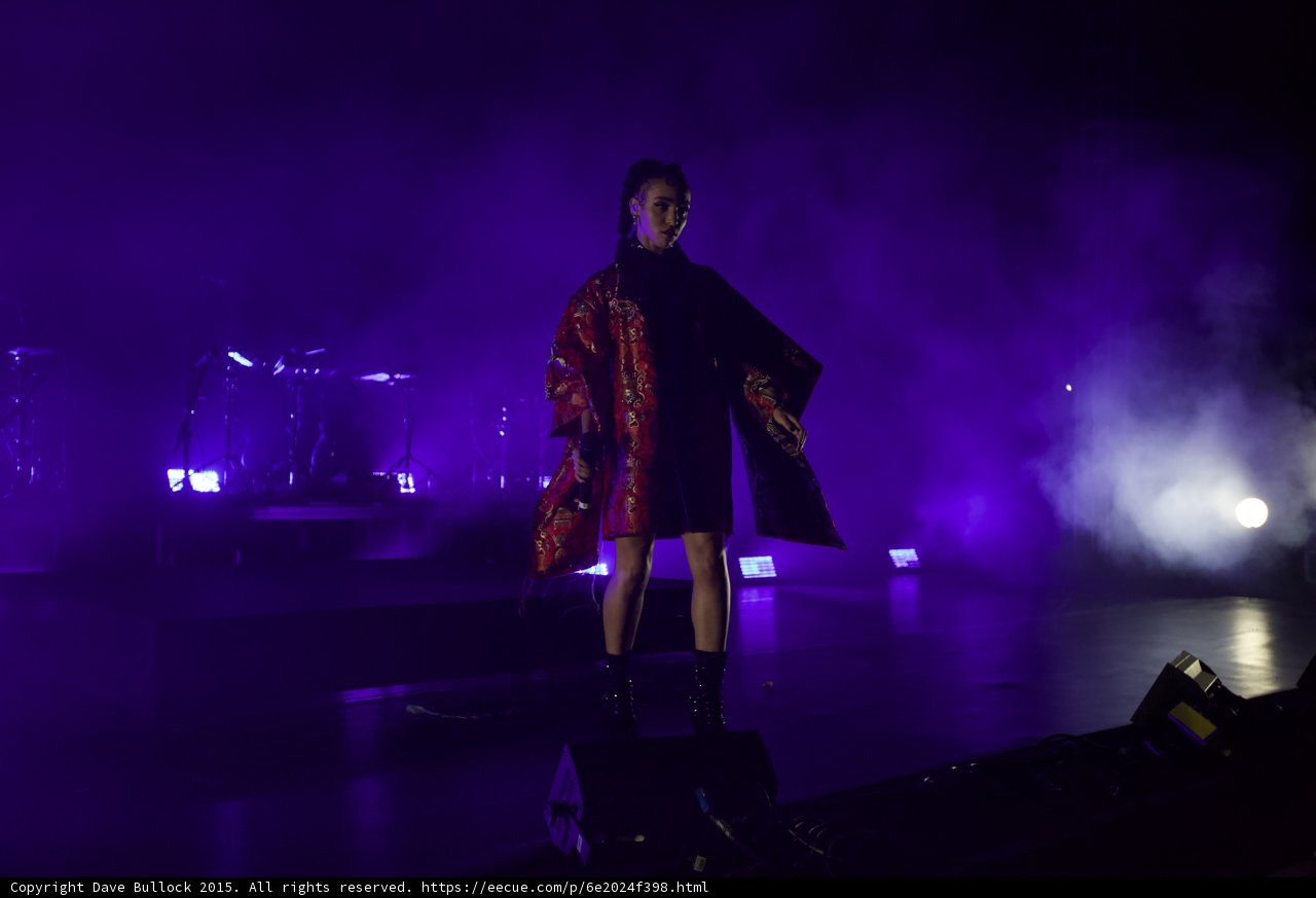 FKA twigs Full Body Wide Kimono Spread Open Both Sides Red Brocade Interior Facing Camera Black Bodysuit Boots Purple Lighting LED Panels Moon Drums Haze