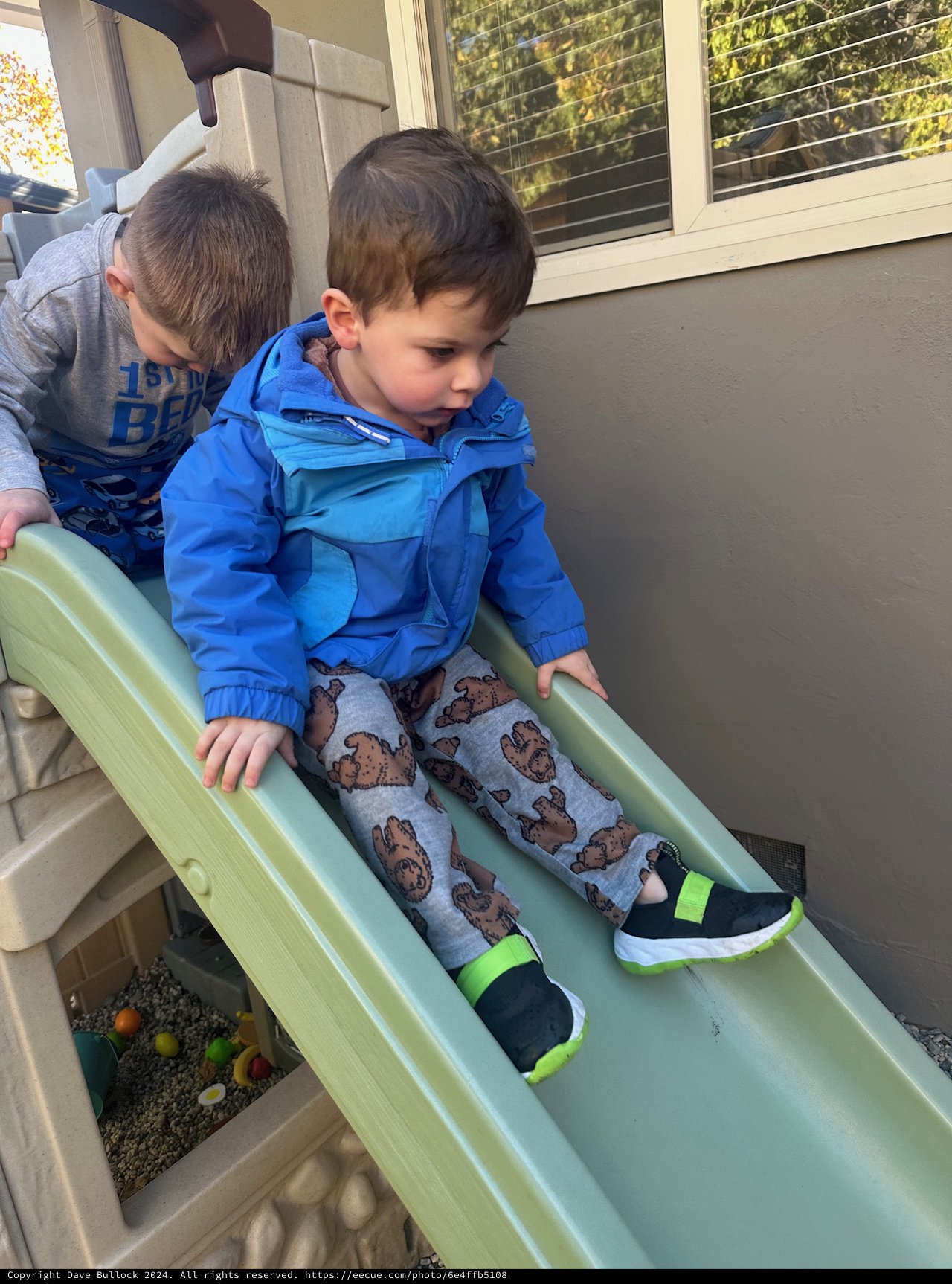 Two Young Boys Playing on Backyard Slide