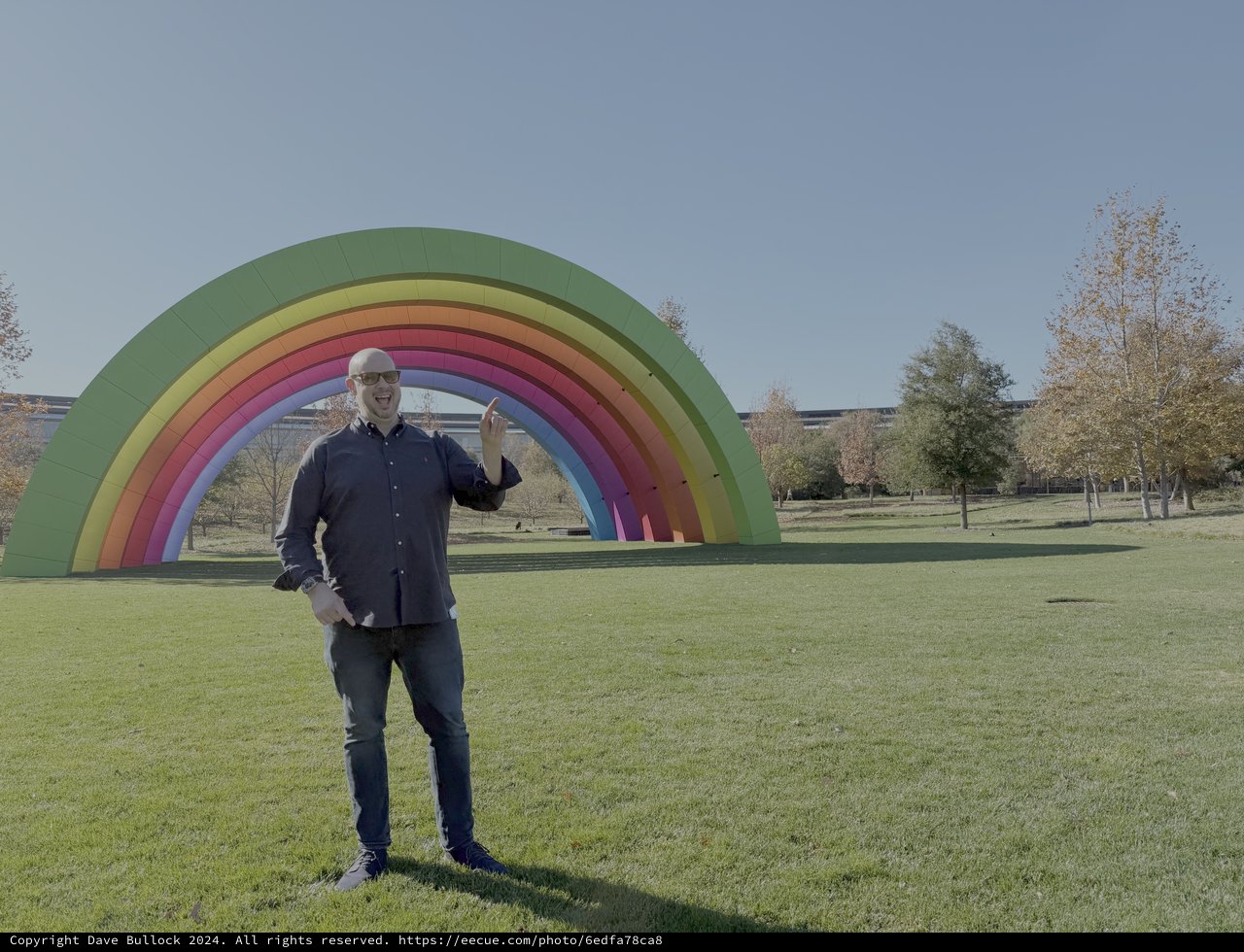 Man Poses Happily at Rainbow Art Installation