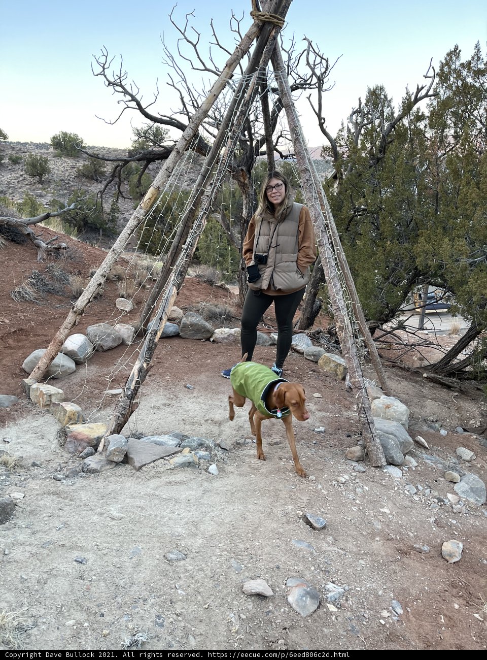 Woman and Dog Admiring Teepee in the Wilderness