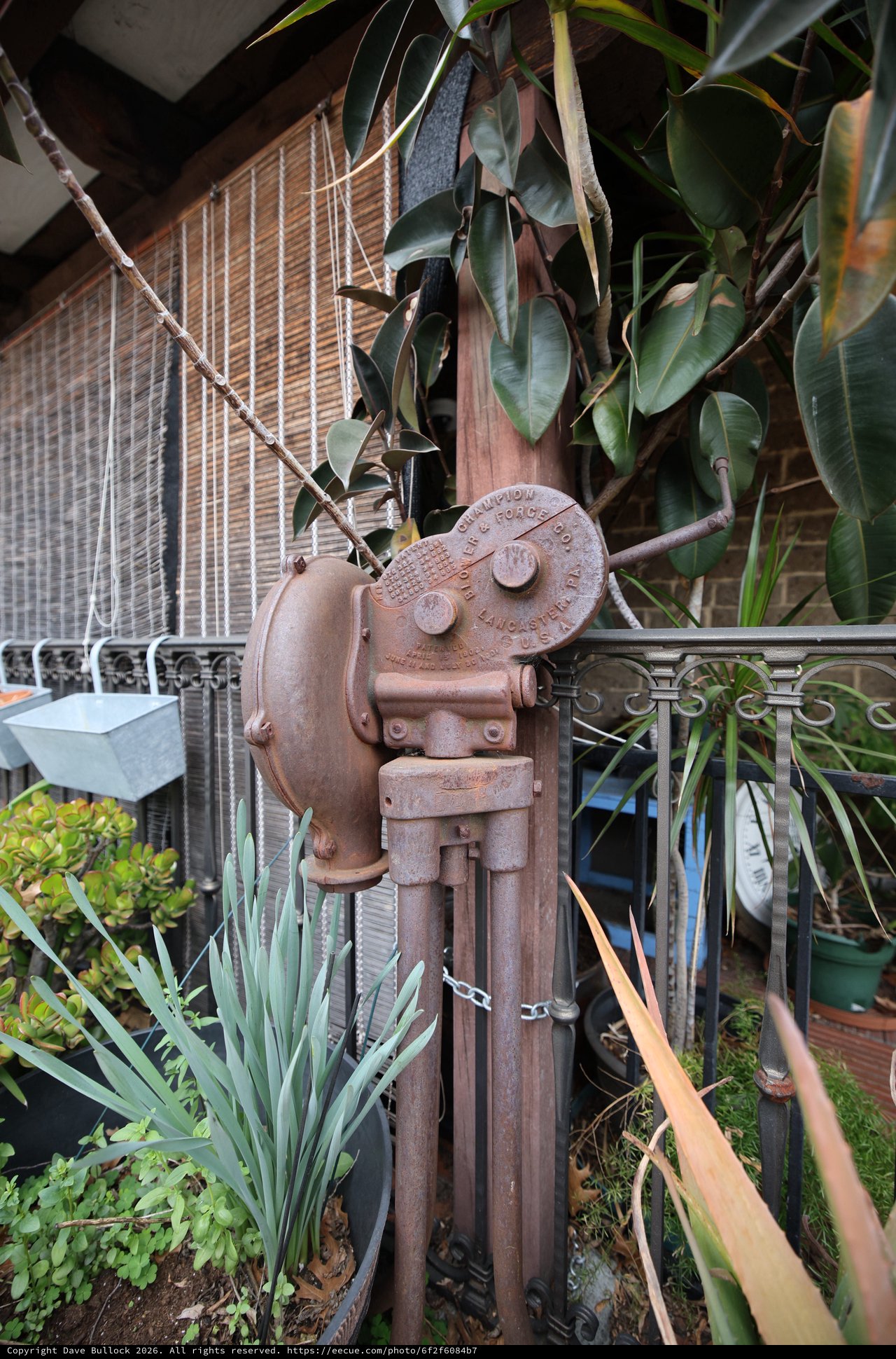 Vintage Industrial Water Pump in Urban Garden Setting