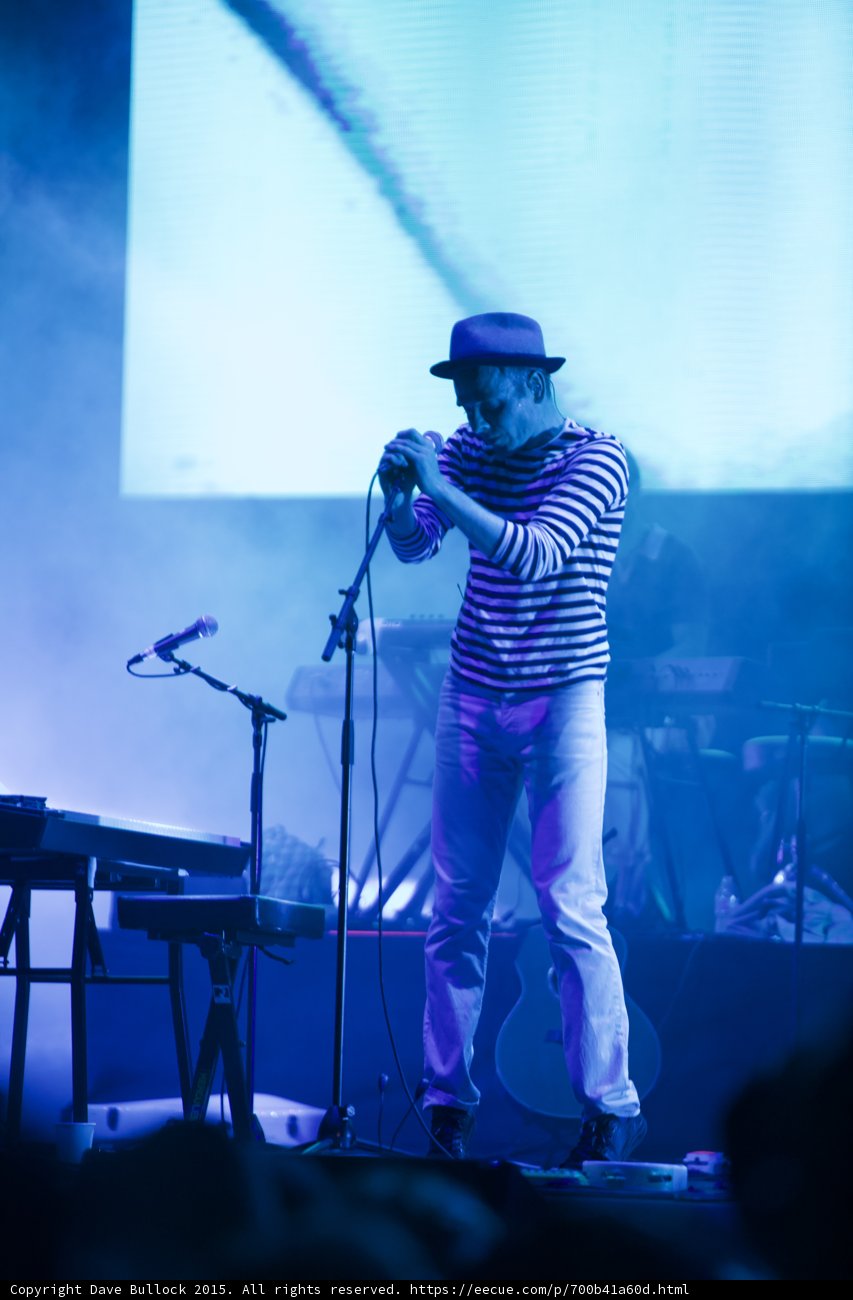 Belle and Sebastian Stuart Murdoch Standing Fedora Striped Shirt Mic Blue Haze Keyboard Guitar