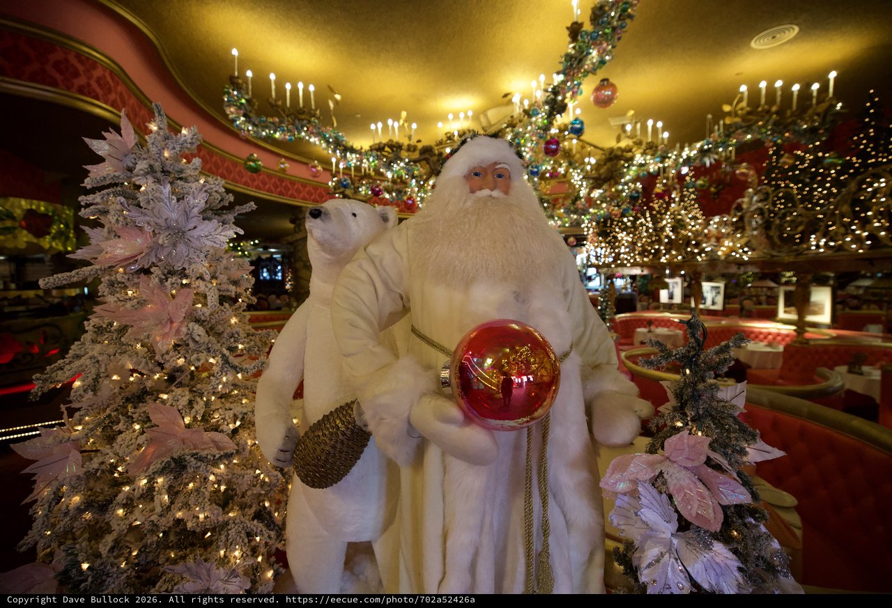 Winter White Santa Display in Elegant Restaurant