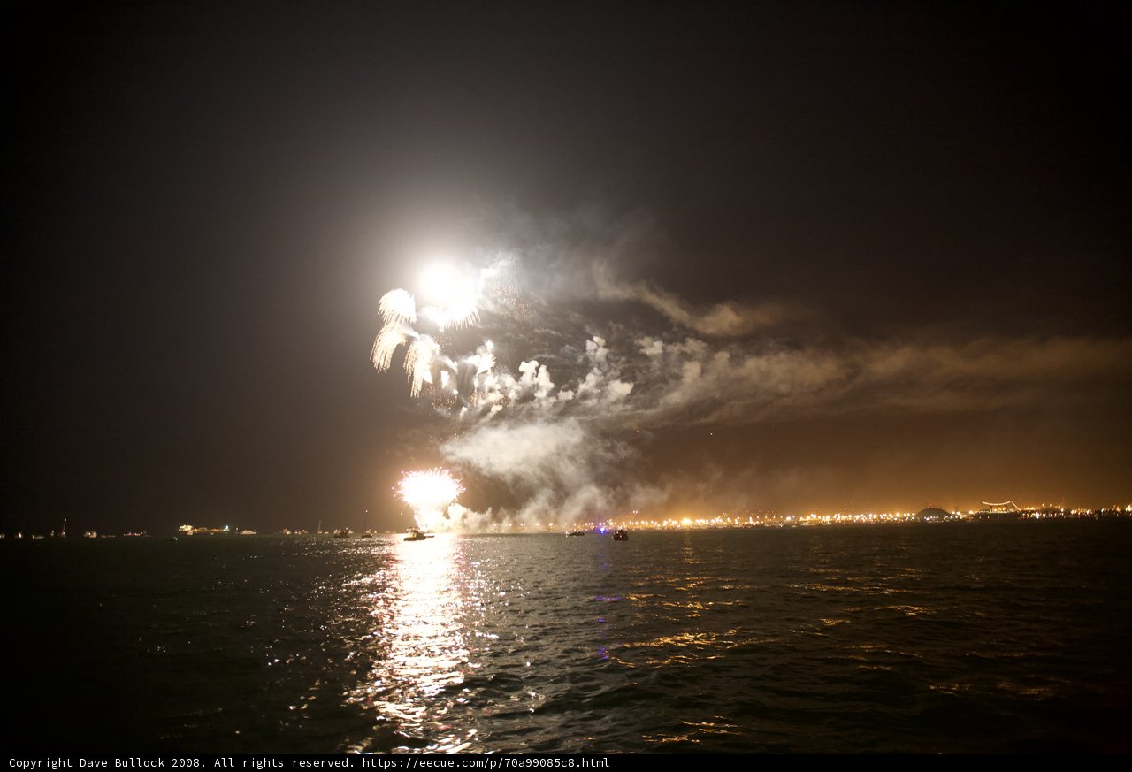 Fireworks Illuminate the Night Sky over the Ocean