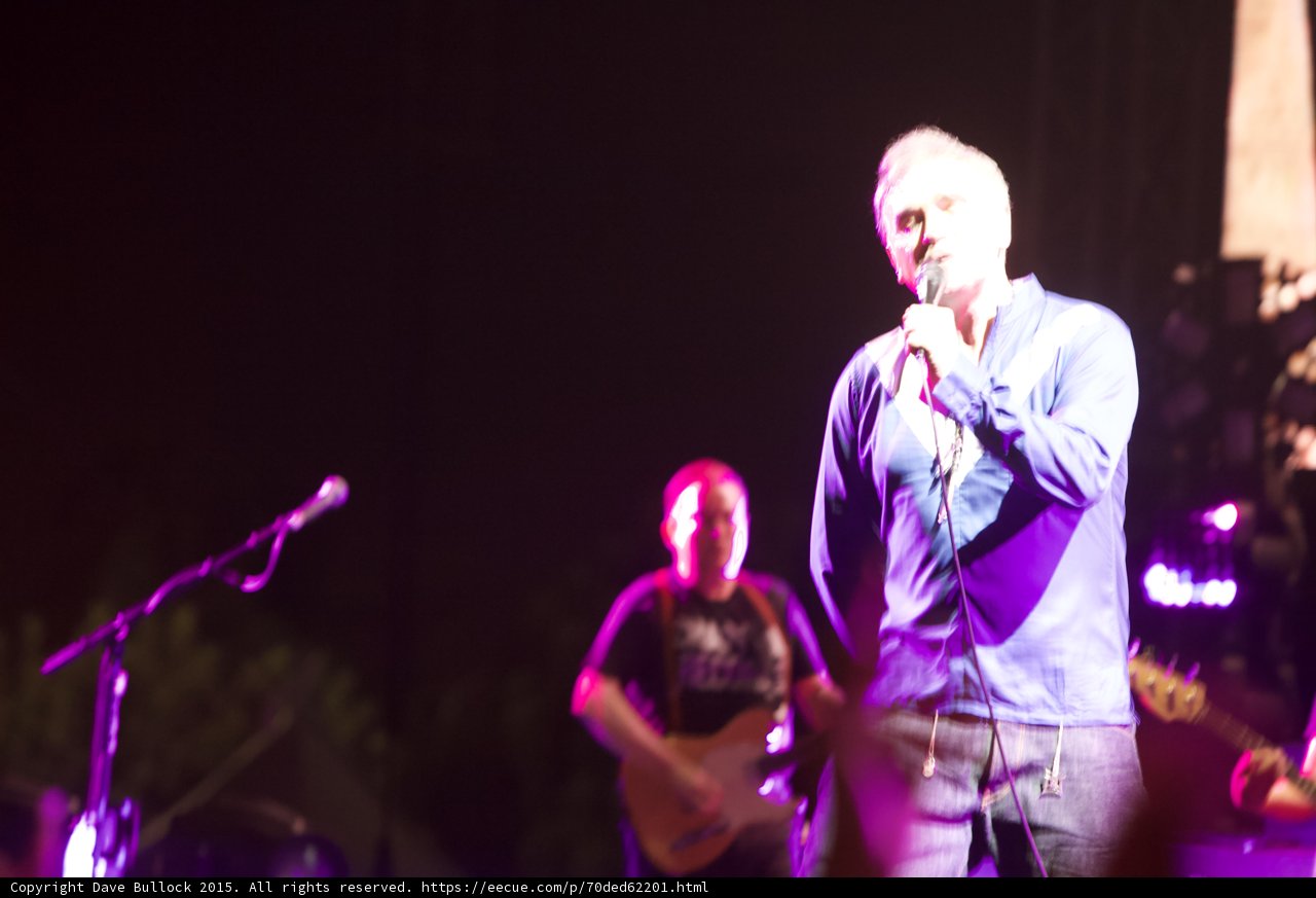 Morrissey Singing Blue Shirt Necklaces Bassist Capitol Tee Guitar Mic Stand Dark Stage