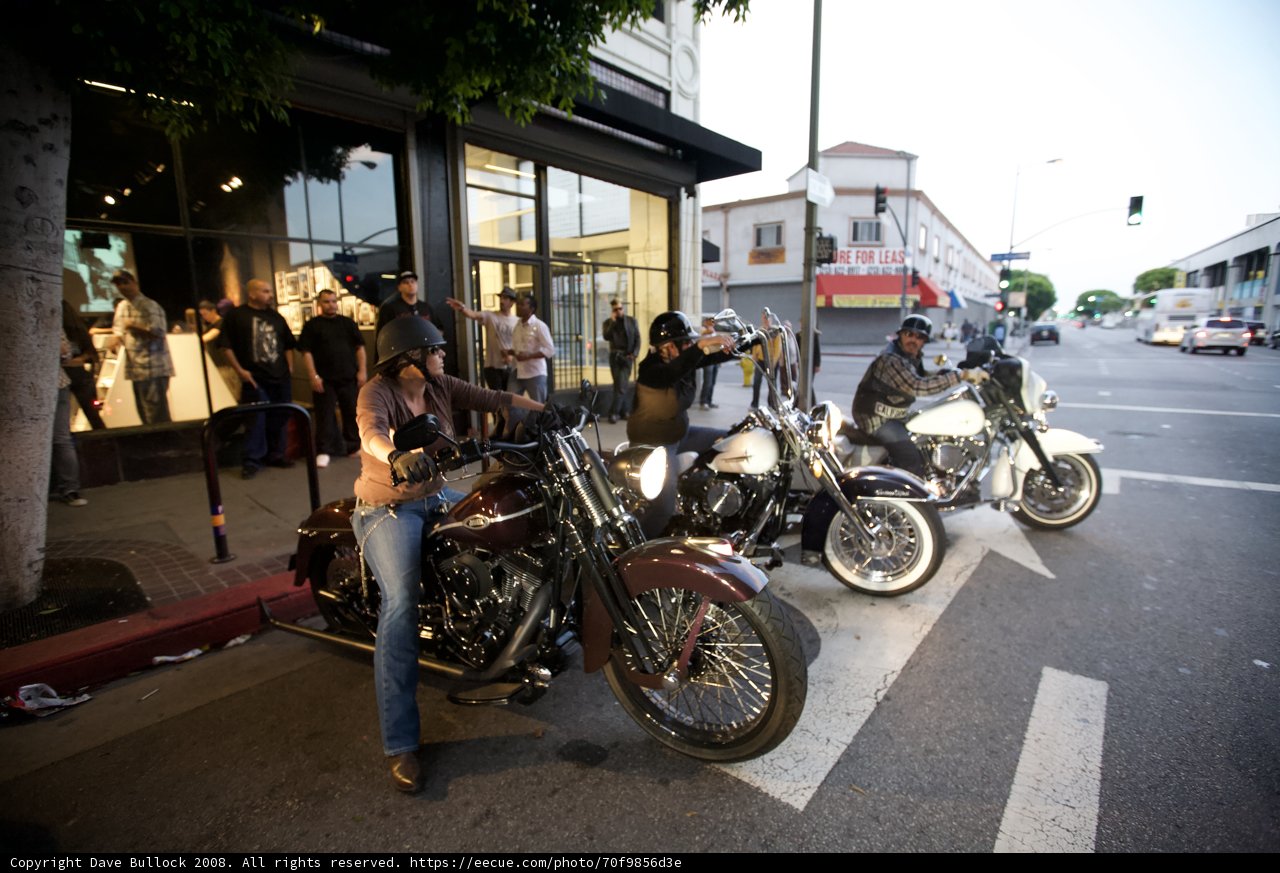 Motorcycle Crew Takes a Break in Front of Store