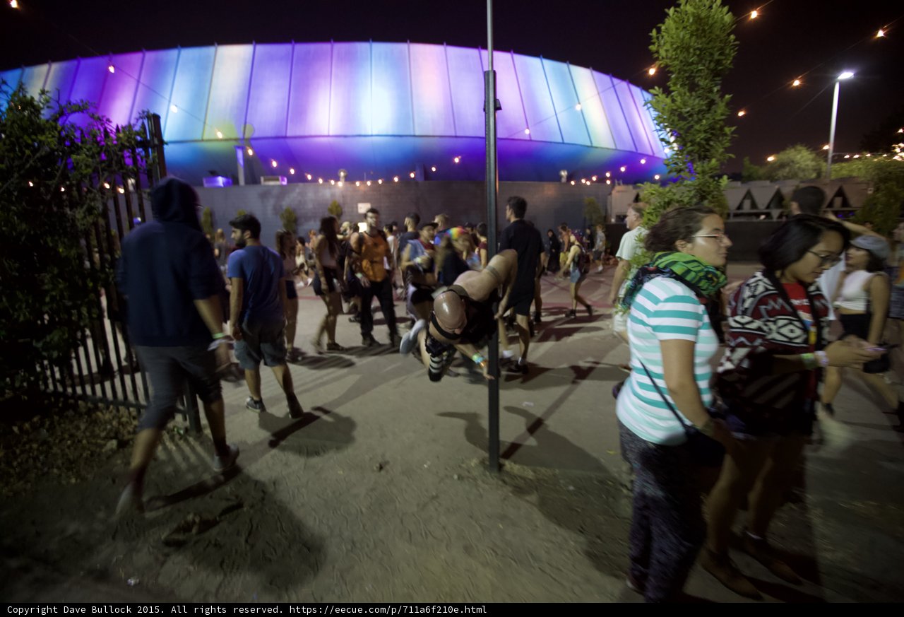 FYF Fest Festival Grounds Man Pole Trick LA Sports Arena Rainbow Lights Crowd String Lights Night