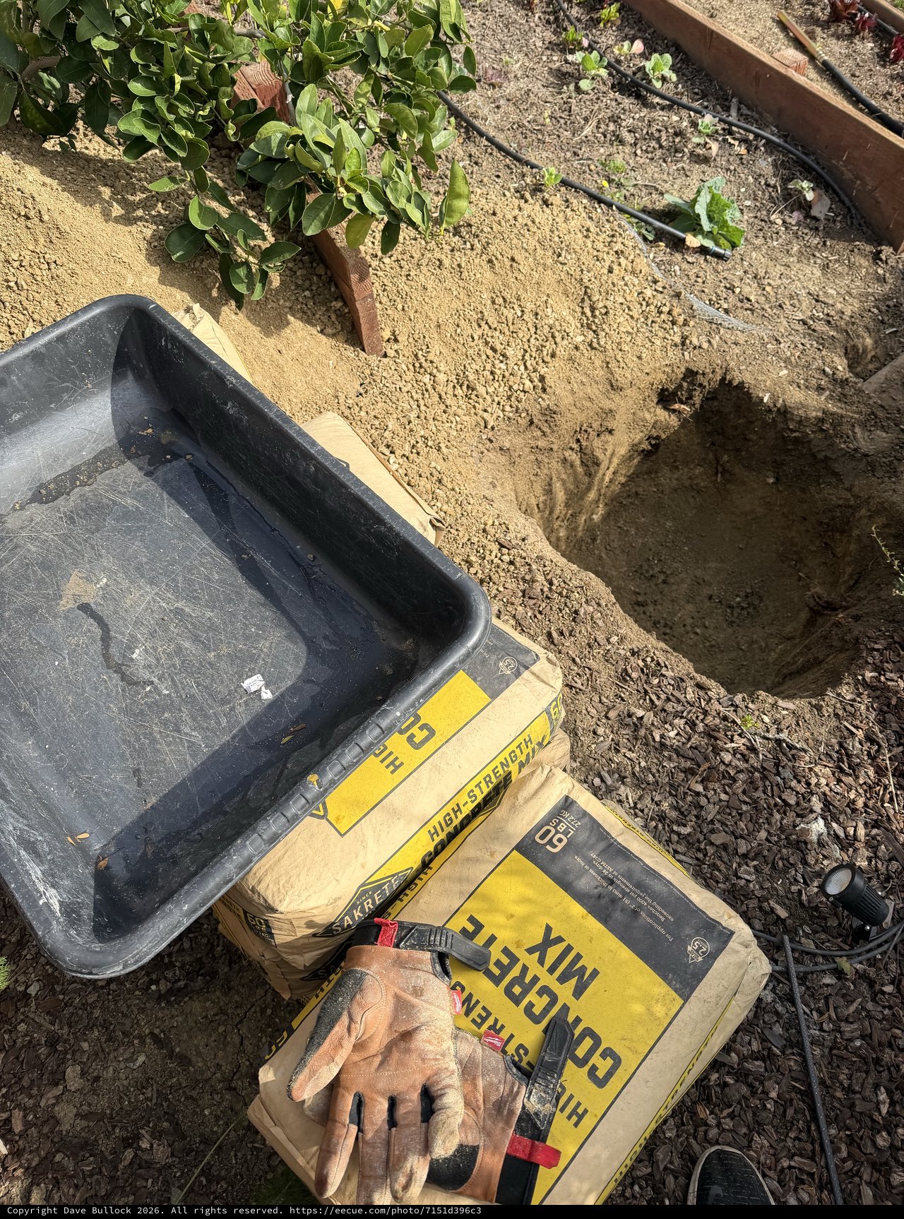 Garden Construction Work with Concrete Mix and Tools