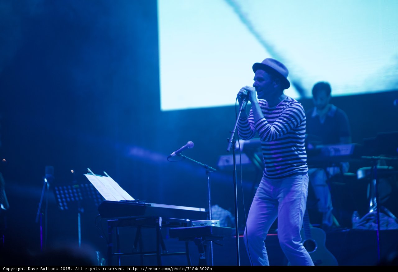 Belle and Sebastian Stuart Murdoch Profile Singing Fedora Striped Shirt Band Blue LED Screen