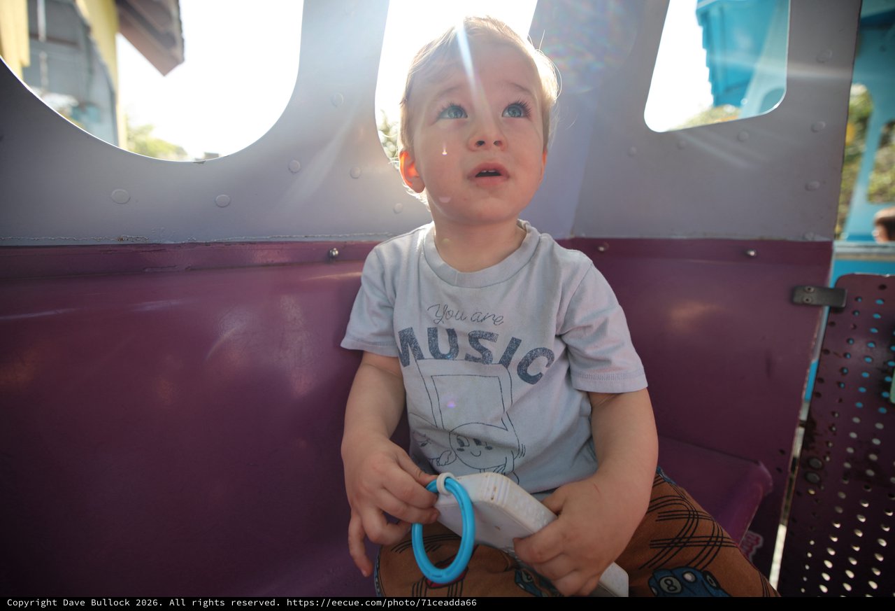 Young Child Gazing Upward on Amusement Park Ride
