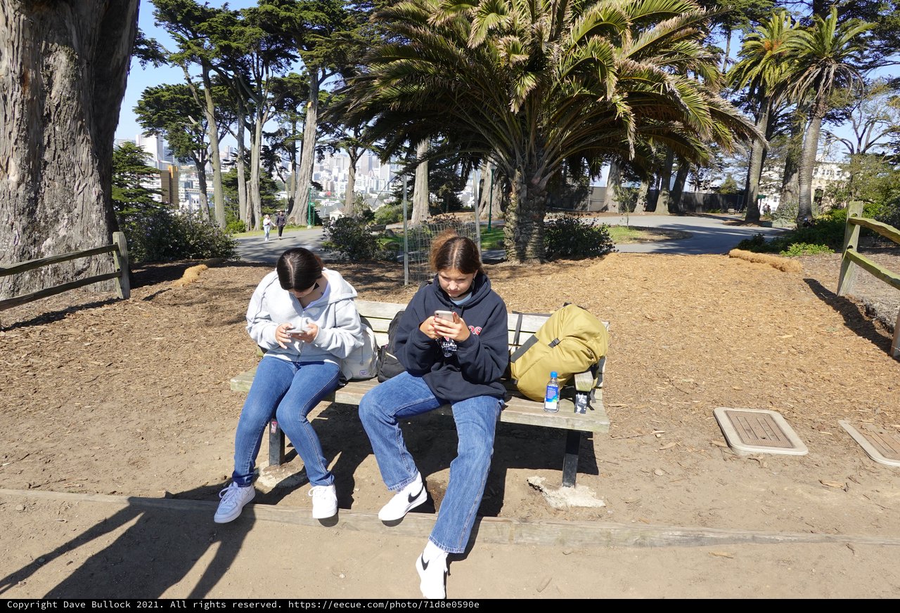 Friends on Phones in Urban Park