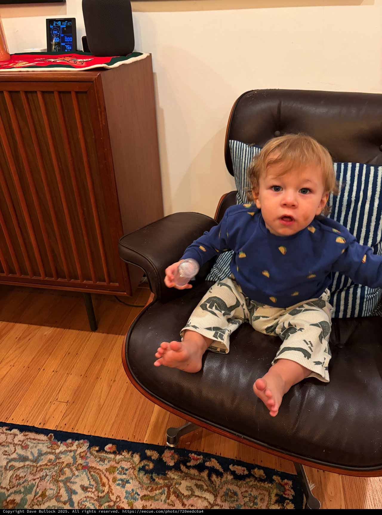 Toddler Relaxing in Vintage Leather Chair at Home