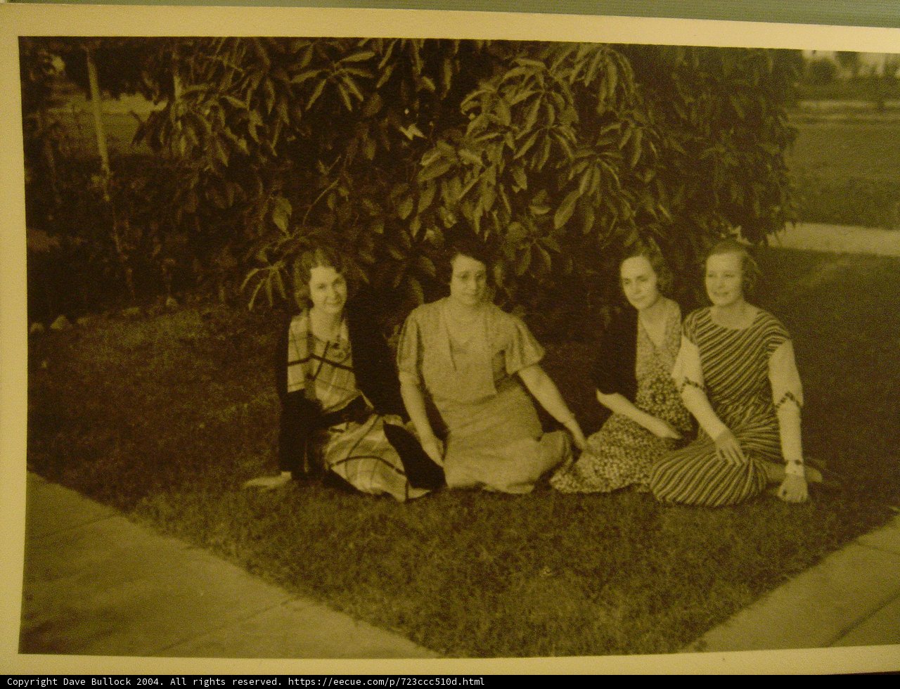 Garden Gathering Caption: Four women enjoy a peaceful afternoon sitting on the grass surrounded by lush foliage and beautiful plants.