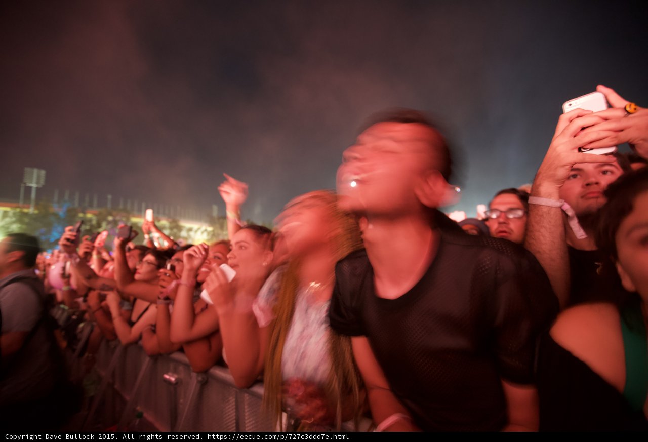 FYF Fest Front Barrier Motion Blur Long Hair Man Black Mesh Shirt Woman White iPhone Moon Night
