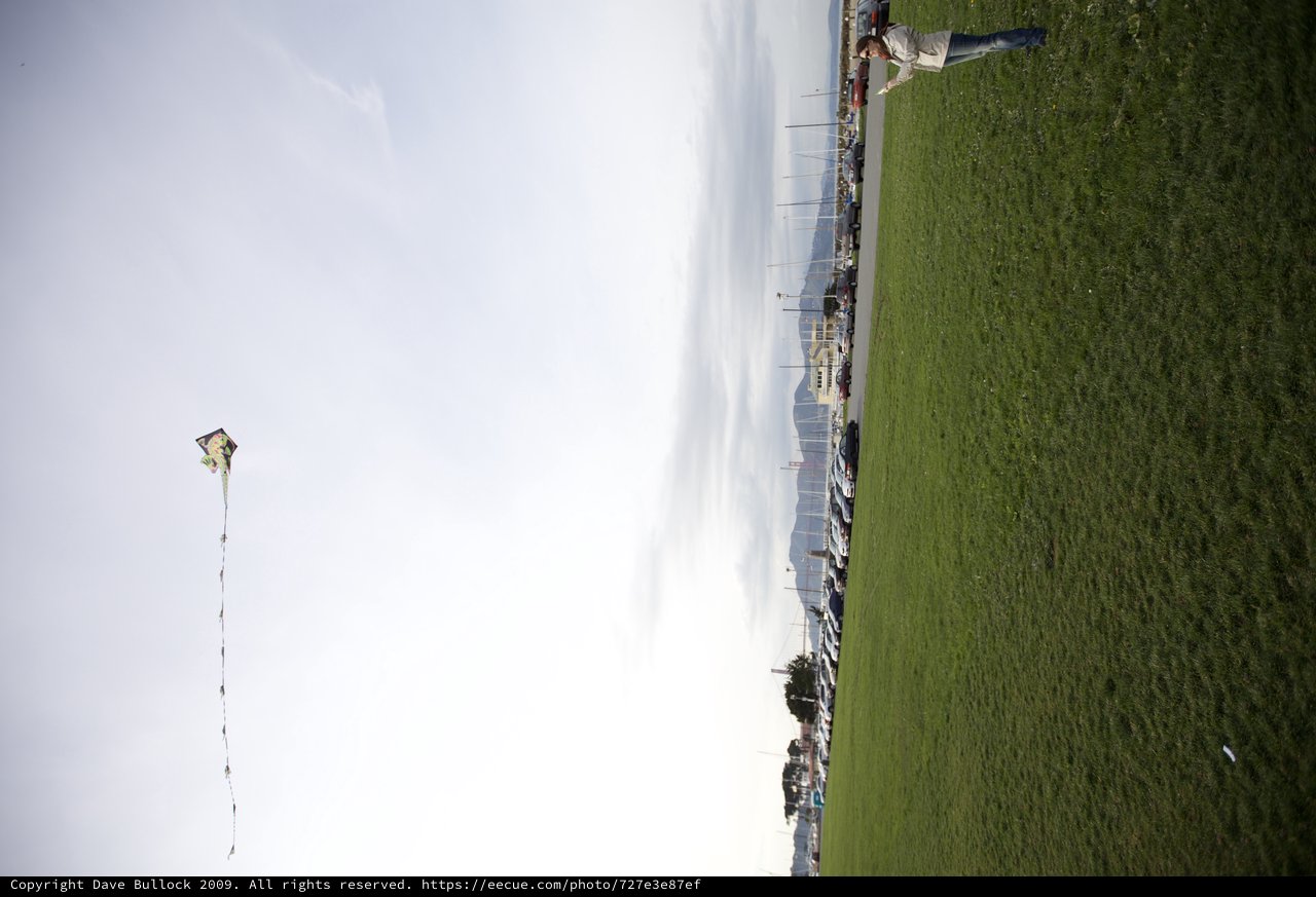 Woman Flying Kite Over San Francisco Bay Waterfront