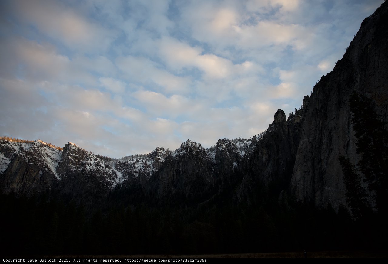 Dawn Light on Snow-Dusted Yosemite Valley Peaks