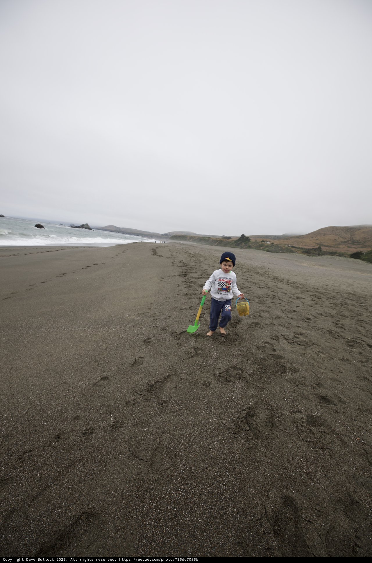 Young Explorer Strolling Along a Foggy Beach