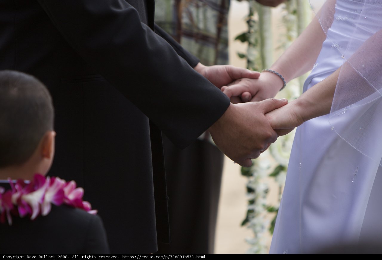 Holding hands on their wedding day
