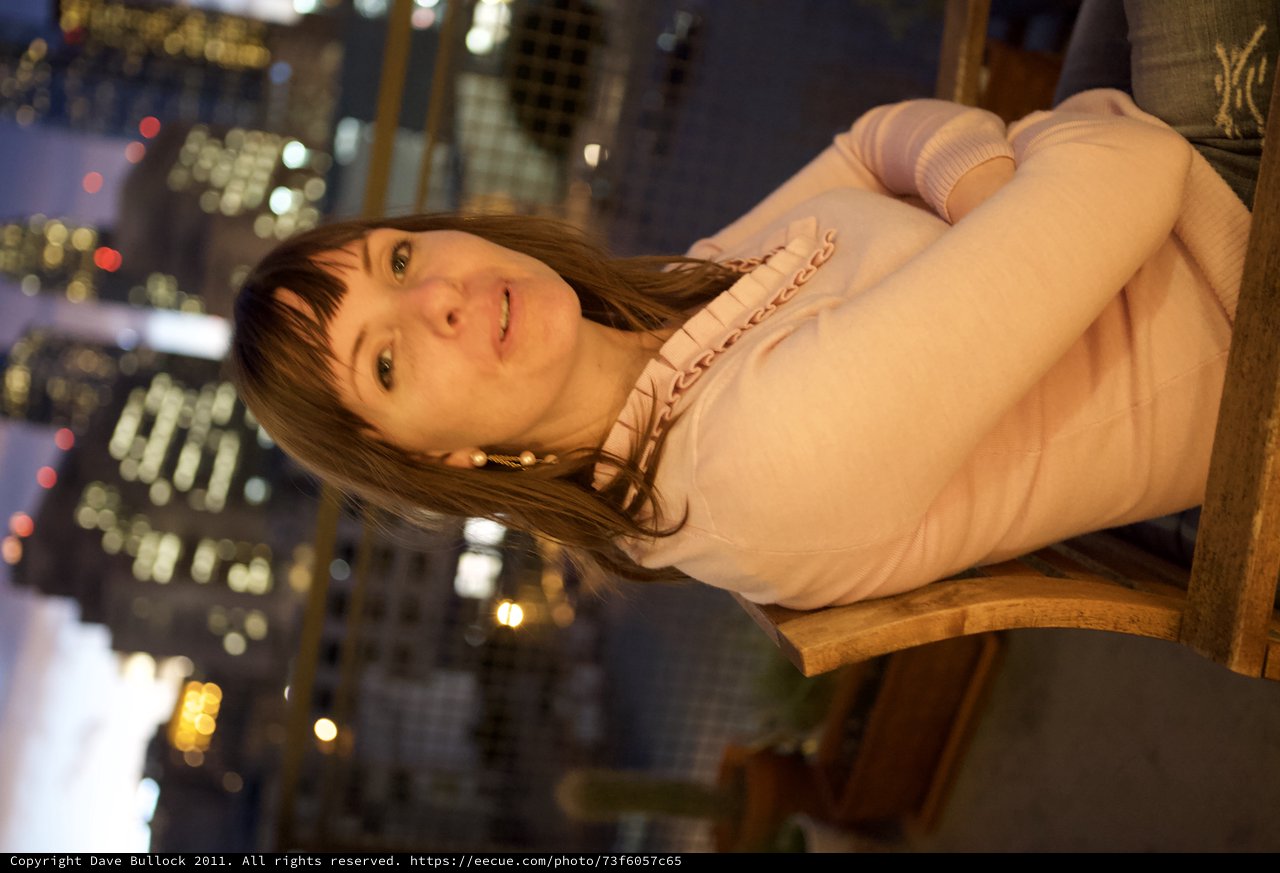 Penelope at Dusk Against a City Skyline