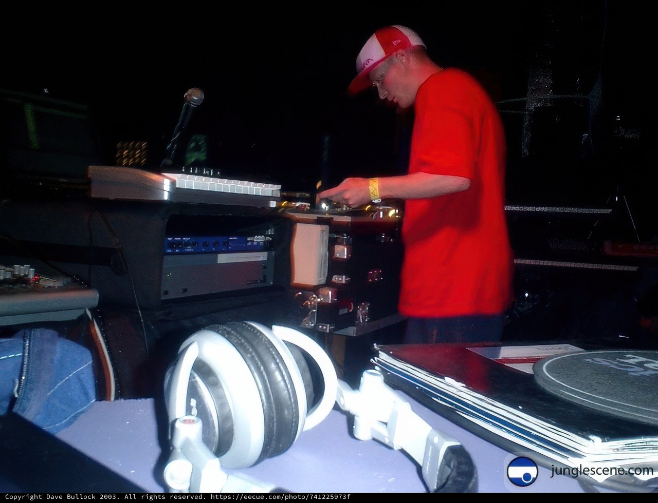 Red-Shirted Deejay Spinning the Mix