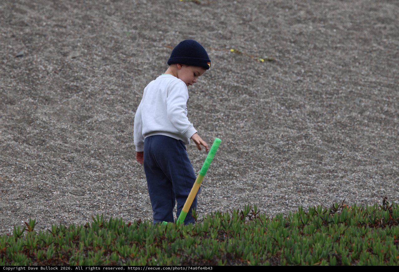 Young Boy Playing With Toy Bat on Sandy Shore
