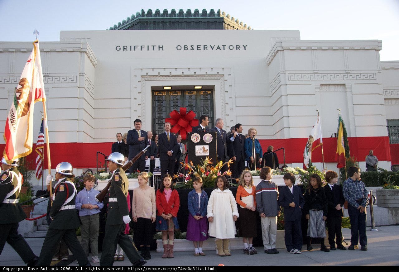 Adam Schiff and a Crowd of 28 People in Front of Historic Building