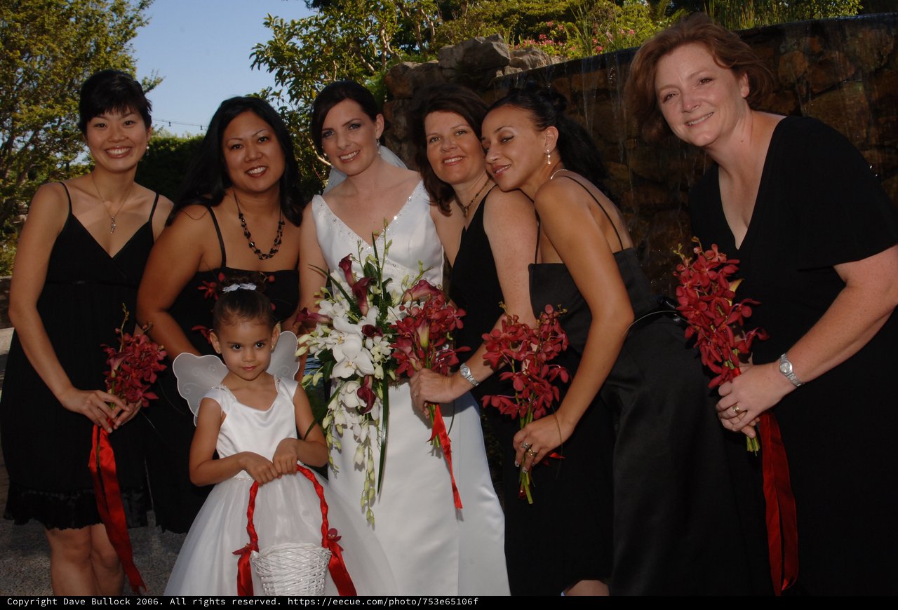Bridal Party Poses with Red Orchid Bouquets Outdoors