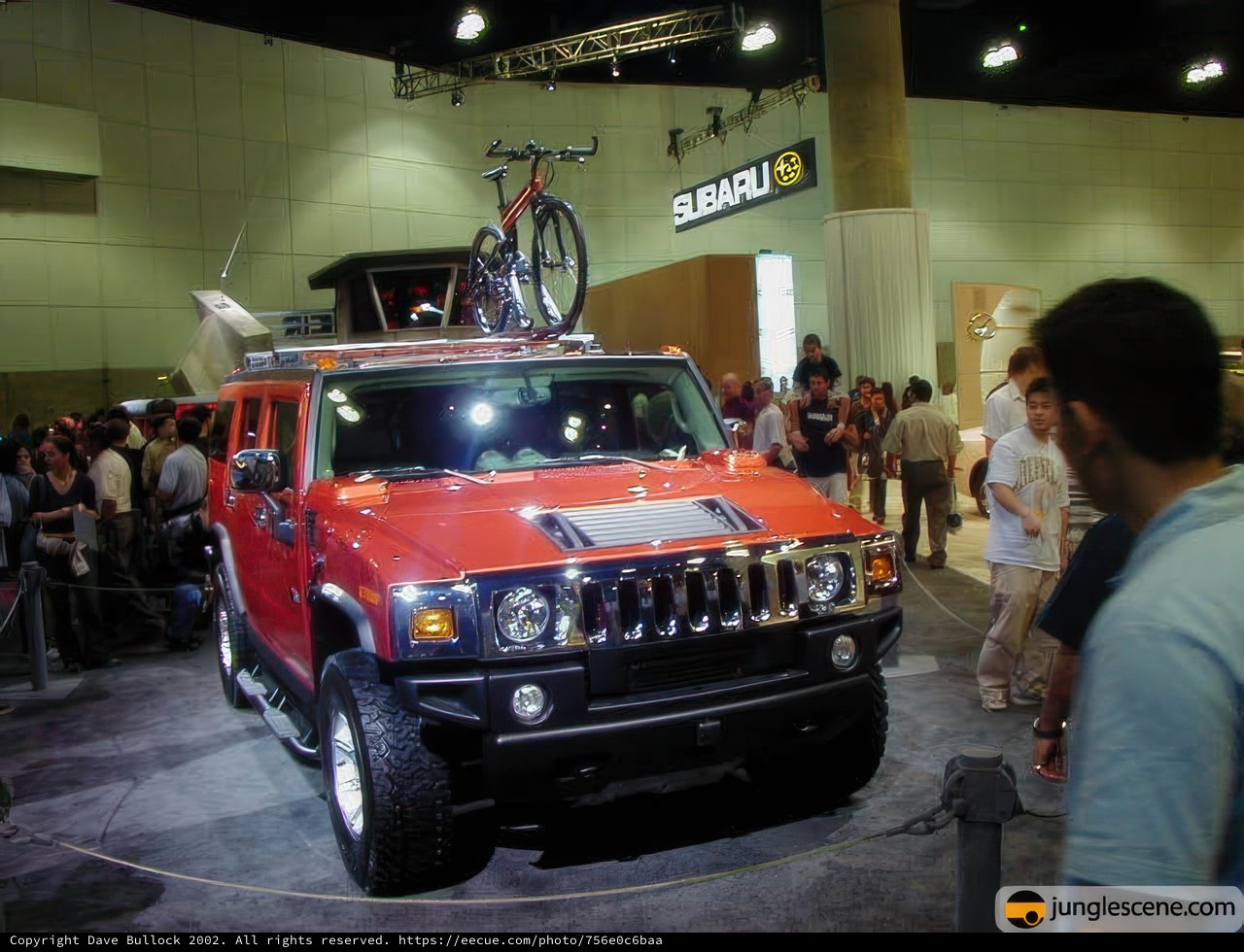 Red and Orange Jeep with Bicycle Rack