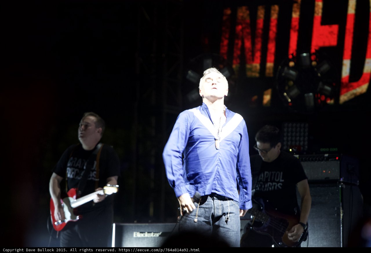 Morrissey Looking Up Spotlight Blue Shirt Guitarist Red Guitar Bassist Glasses Capitol Tees UNITED Screen Blackstar