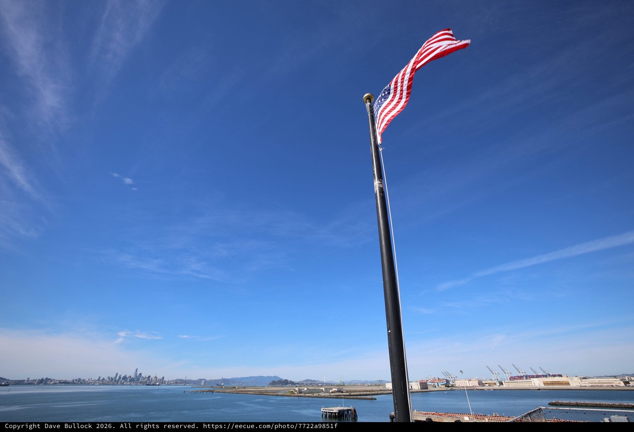 American Flag Flying Above San Francisco Bay Harbor