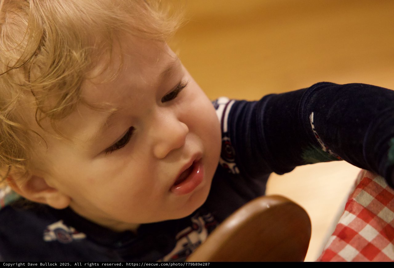 Curious Toddler with Blonde Hair at Mealtime