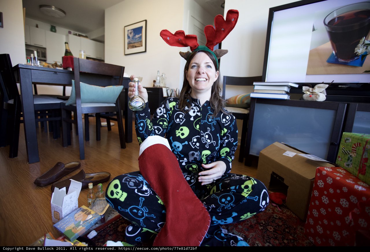 Festive Reindeer Girl Celebrates Christmas Morning with Tequila