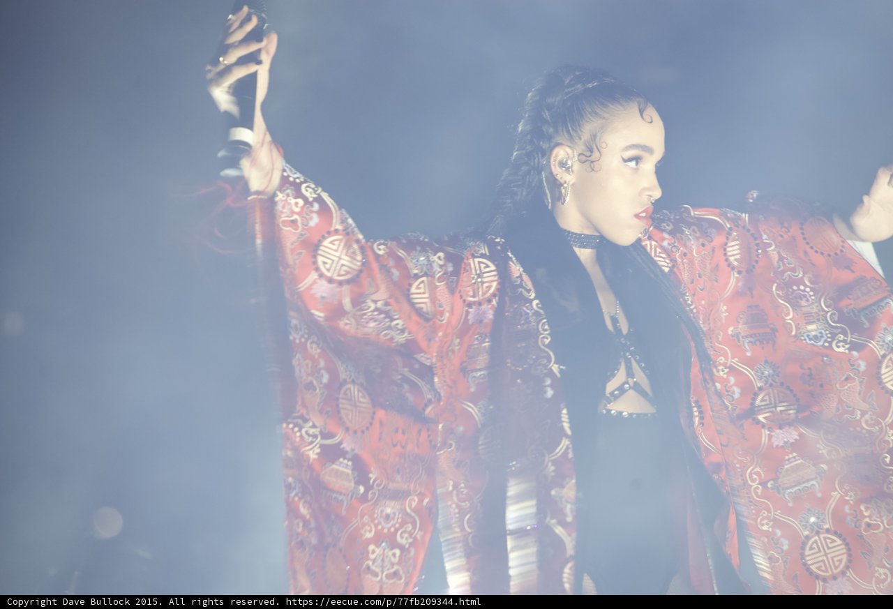 FKA twigs Microphone Raised Red Brocade Kimono Baby Hairs Hoop Earrings Profile Elegant