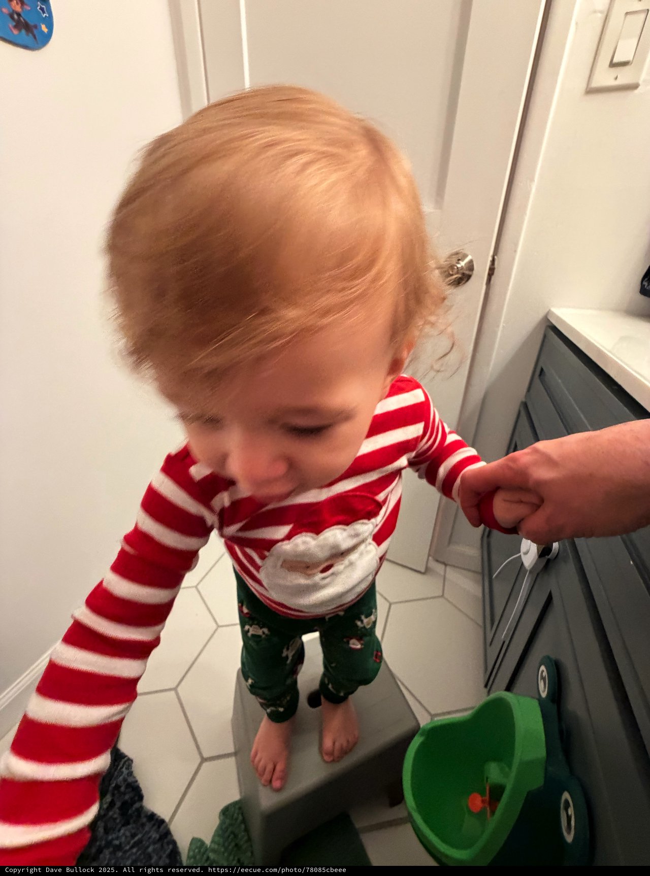 Toddler's Bathroom Routine in Festive Holiday Pajamas