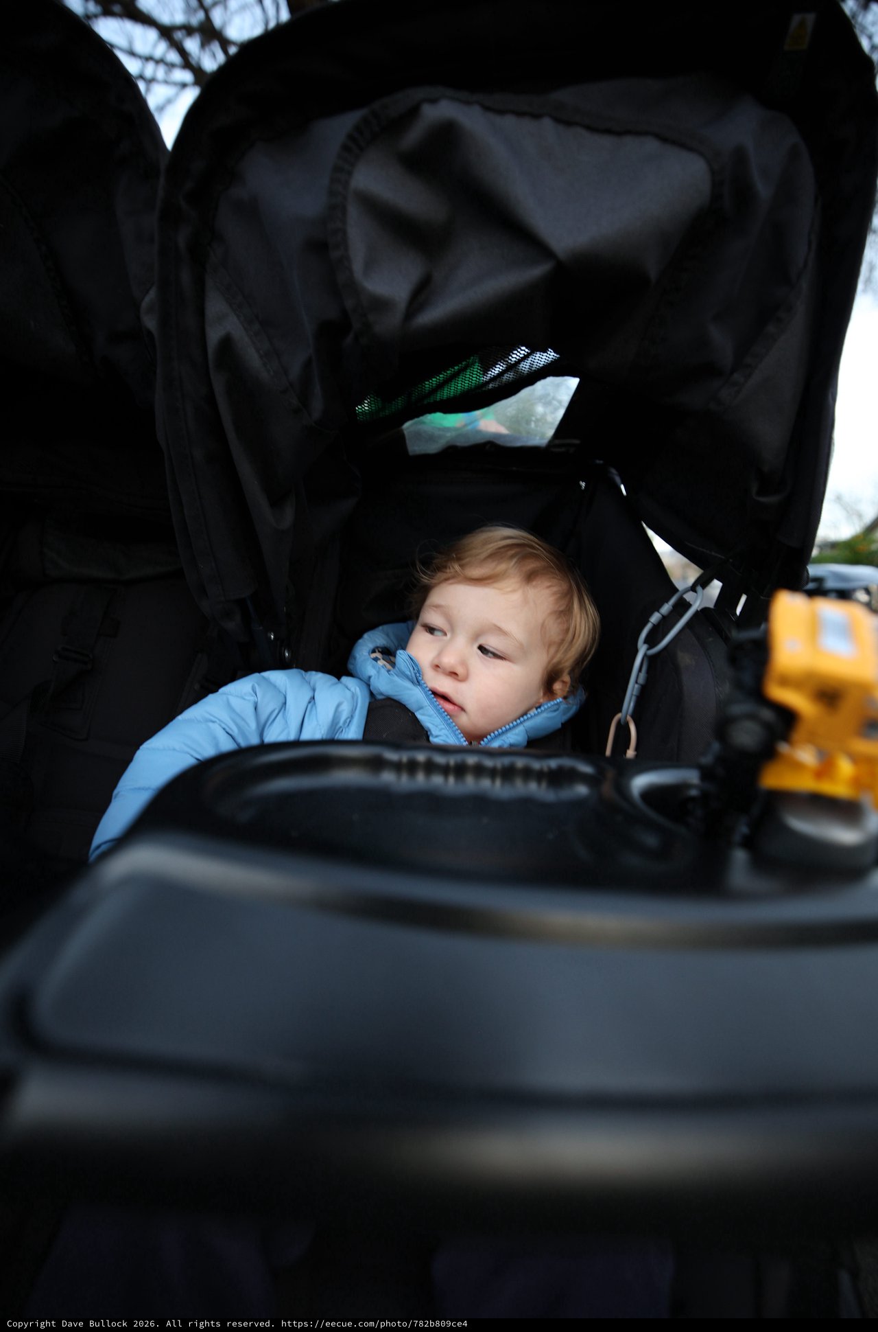 Curious Toddler Explores Stroller Storage Compartment