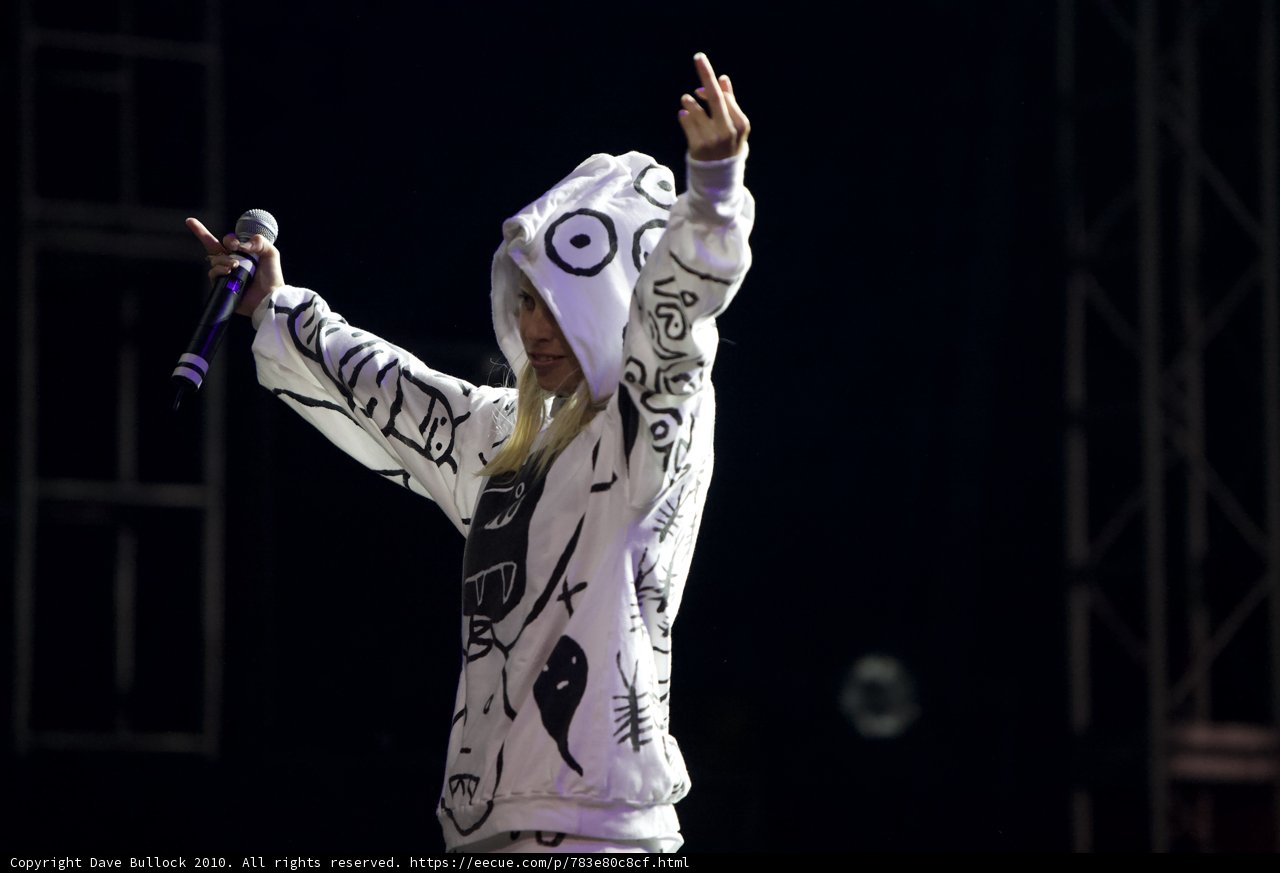 Solo Performance (Caption: A female entertainer raises her hands in the air during her solo performance at Coachella 2010.)