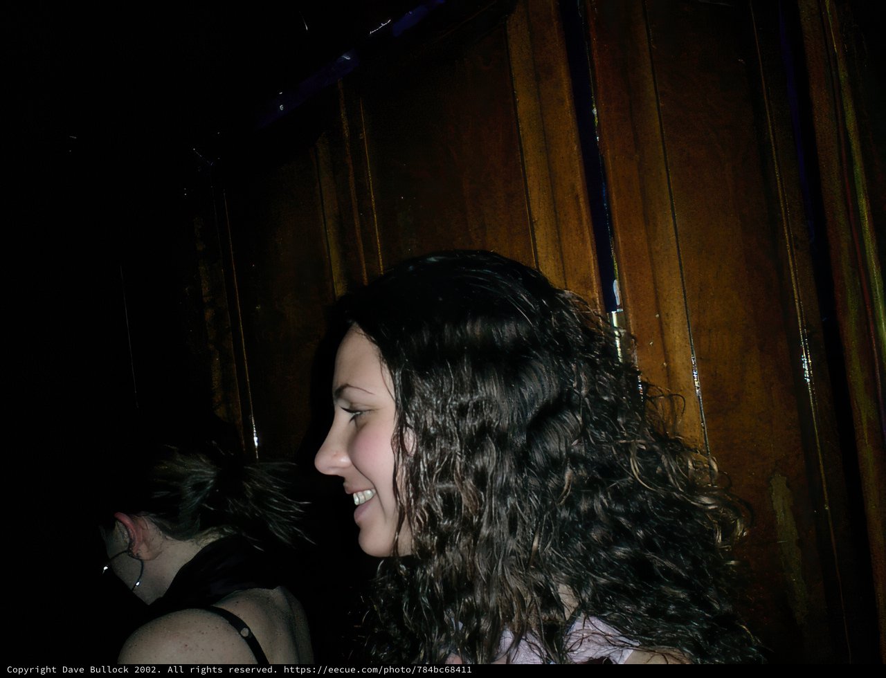 Curly-haired girl at the wooden door