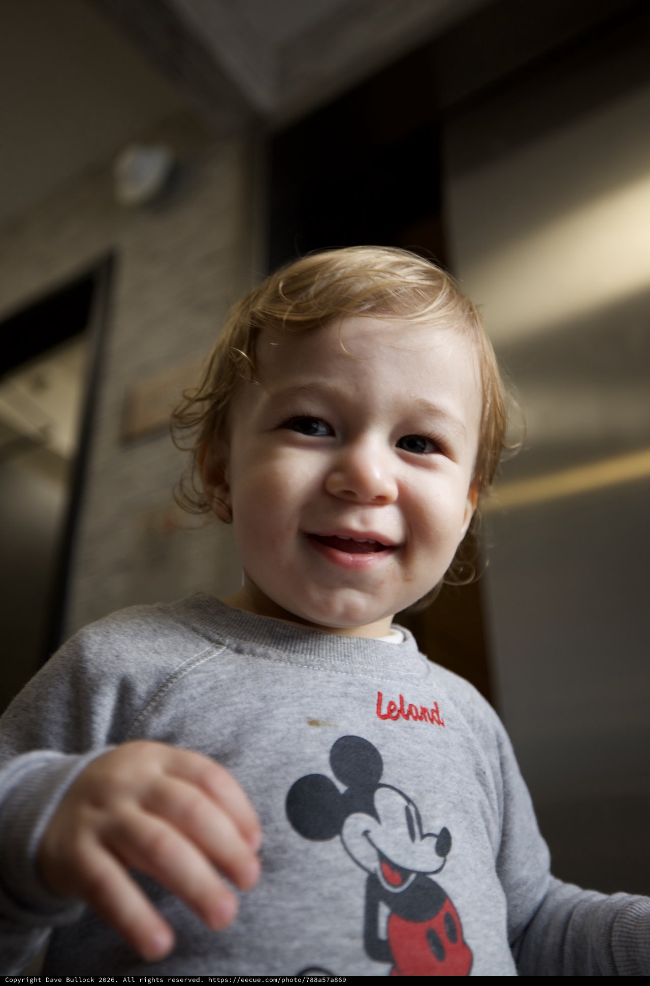 Joyful Toddler in Mickey Mouse Sweatshirt Smiling at Camera