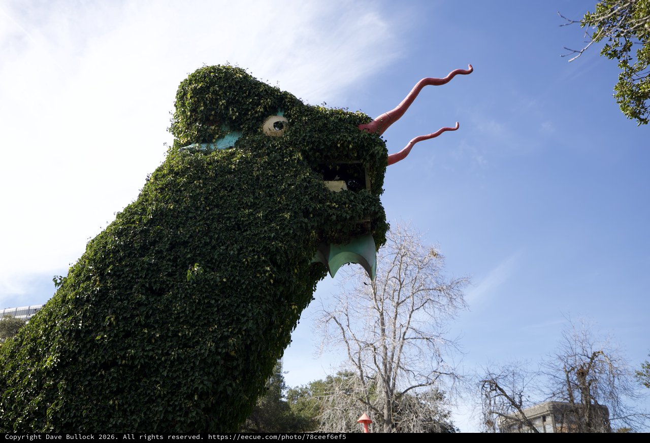 Ivy-Covered Dragon Sculpture Roars Against Blue Sky