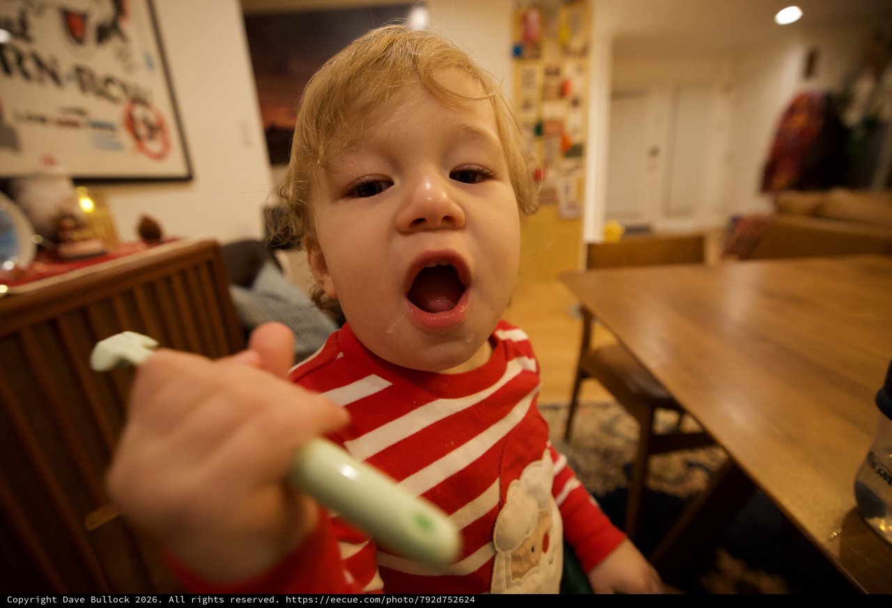 Toddler's Excited Mealtime Moment at Home