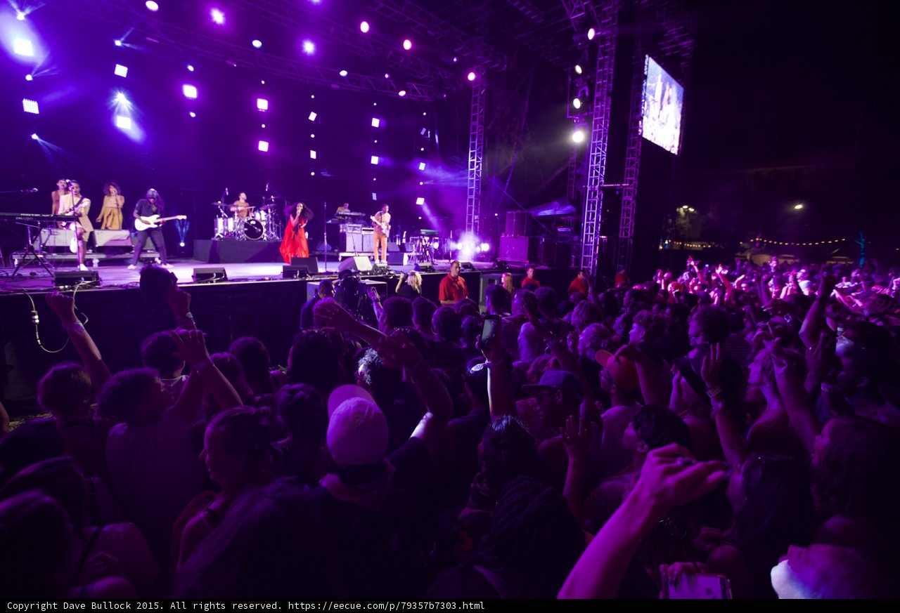 FYF Fest Wide Stage Solange Band Crowd Arms Raised Video Screen Purple Night