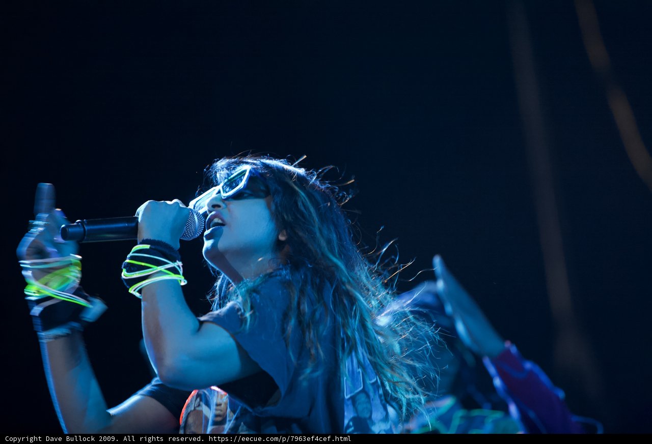 Rocking the Stage Caption: A female entertainer gives an electrifying solo performance at Coachella 2009 as she sings into her microphone while the crowd looks on in awe.