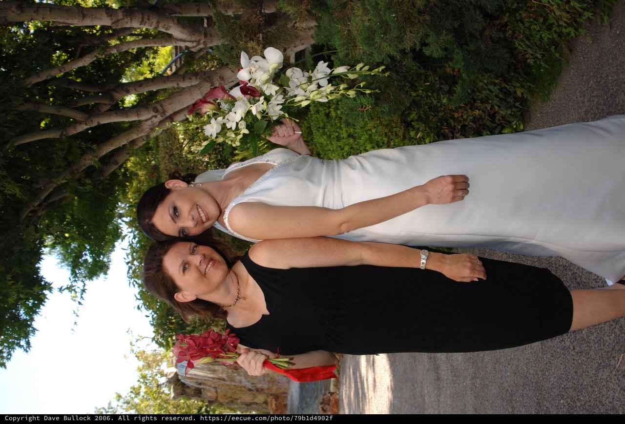 Bride and Friend Celebrate Wedding Day Outdoors